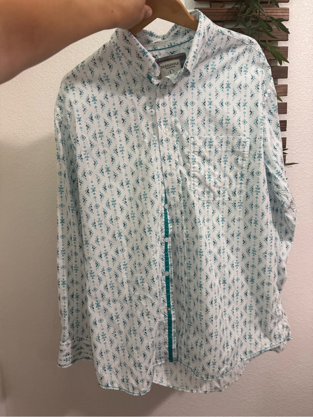 Panhandle Men’s White Shirt with Teal Aztec Print